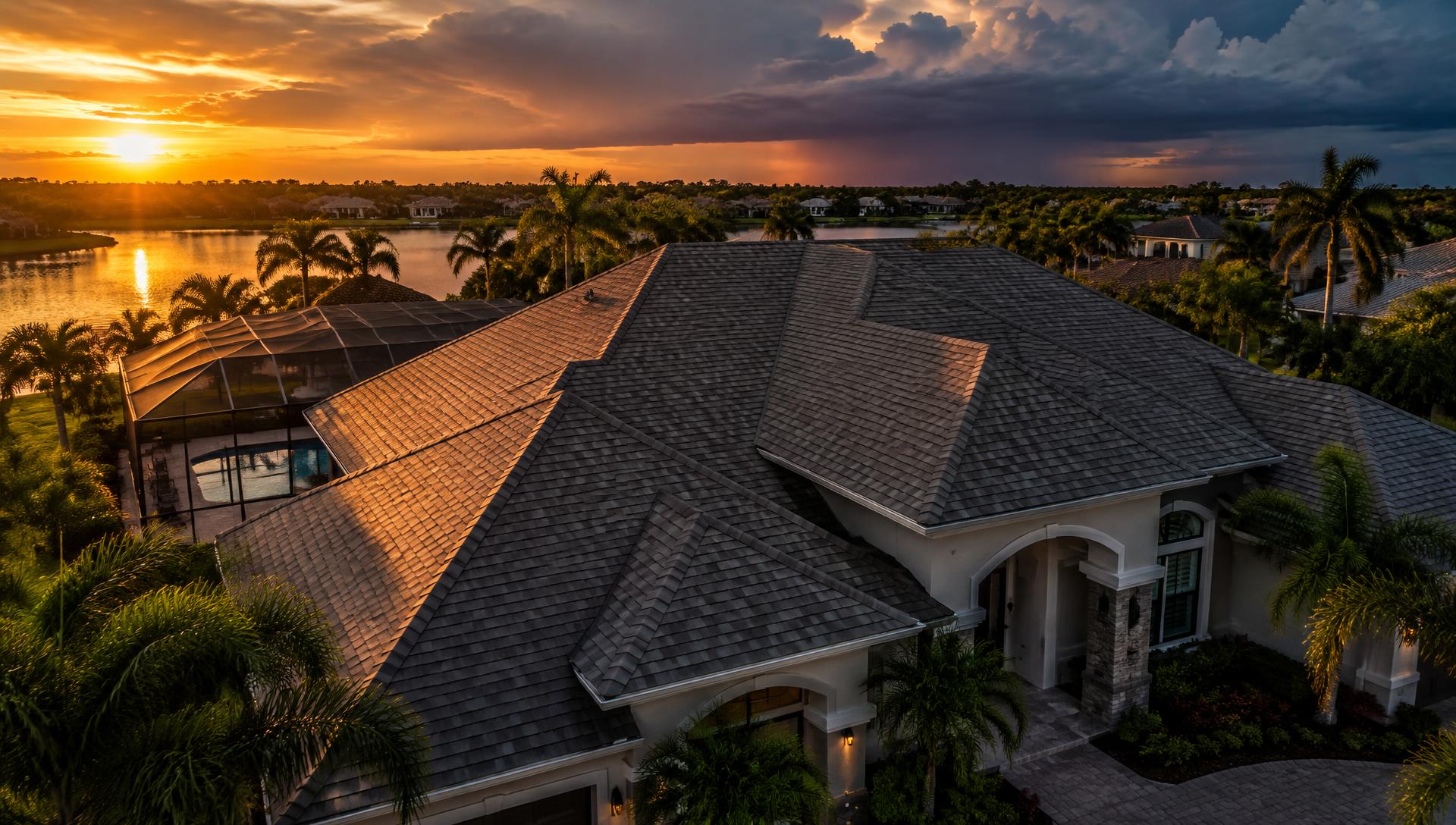 Aerial view of a Florida home with a dark roof at sunset